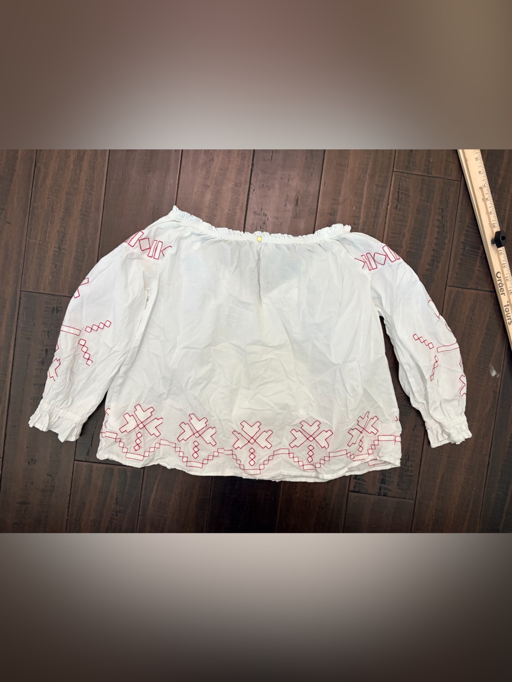 White Embroidered Blouse Off Shoulder Red Tassel Tie - Picture 4 of 5